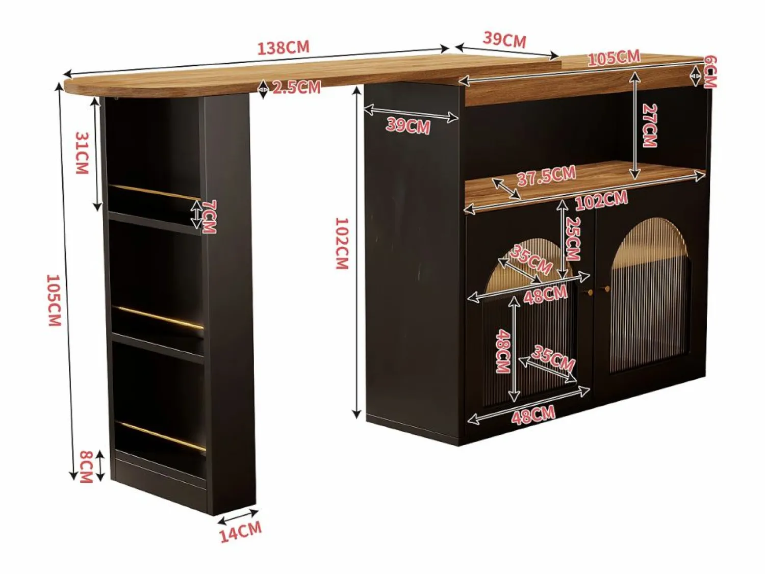 Mesa de bar giratoria de madera con espacio de almacenamiento - Luz LED ajustable - Negra - 138/193 x 39 x 105 cm Mueble Bar