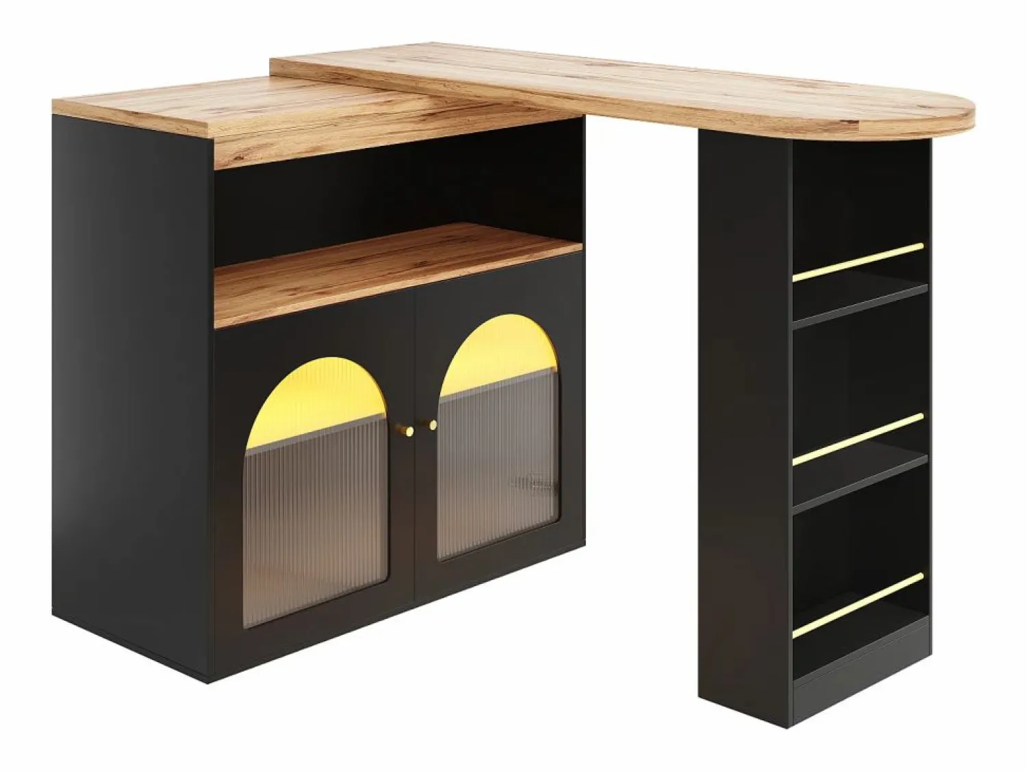 Mesa de bar giratoria de madera con espacio de almacenamiento - Luz LED ajustable - Negra - 138/193 x 39 x 105 cm Mueble Bar