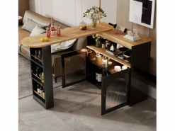 Mesa de bar giratoria de madera con espacio de almacenamiento - Luz LED ajustable - Negra - 138/193 x 39 x 105 cm Mueble Bar