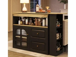 Clearance Mesa de bar giratoria de madera con 1 puerta de cristal y 2 cajones, aparador con almacenaje (138-204) x 39 x 104 cm - Negro
