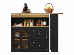 Clearance Mesa de bar giratoria de madera con 1 puerta de cristal y 2 cajones, aparador con almacenaje (138-204) x 39 x 104 cm - Negro