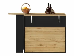 Clearance Mesa de bar giratoria de madera con 1 puerta de cristal y 2 cajones, aparador con almacenaje (138-204) x 39 x 104 cm - Negro