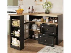 Clearance Mesa de bar giratoria de madera con 1 puerta de cristal y 2 cajones, aparador con almacenaje (138-204) x 39 x 104 cm - Negro