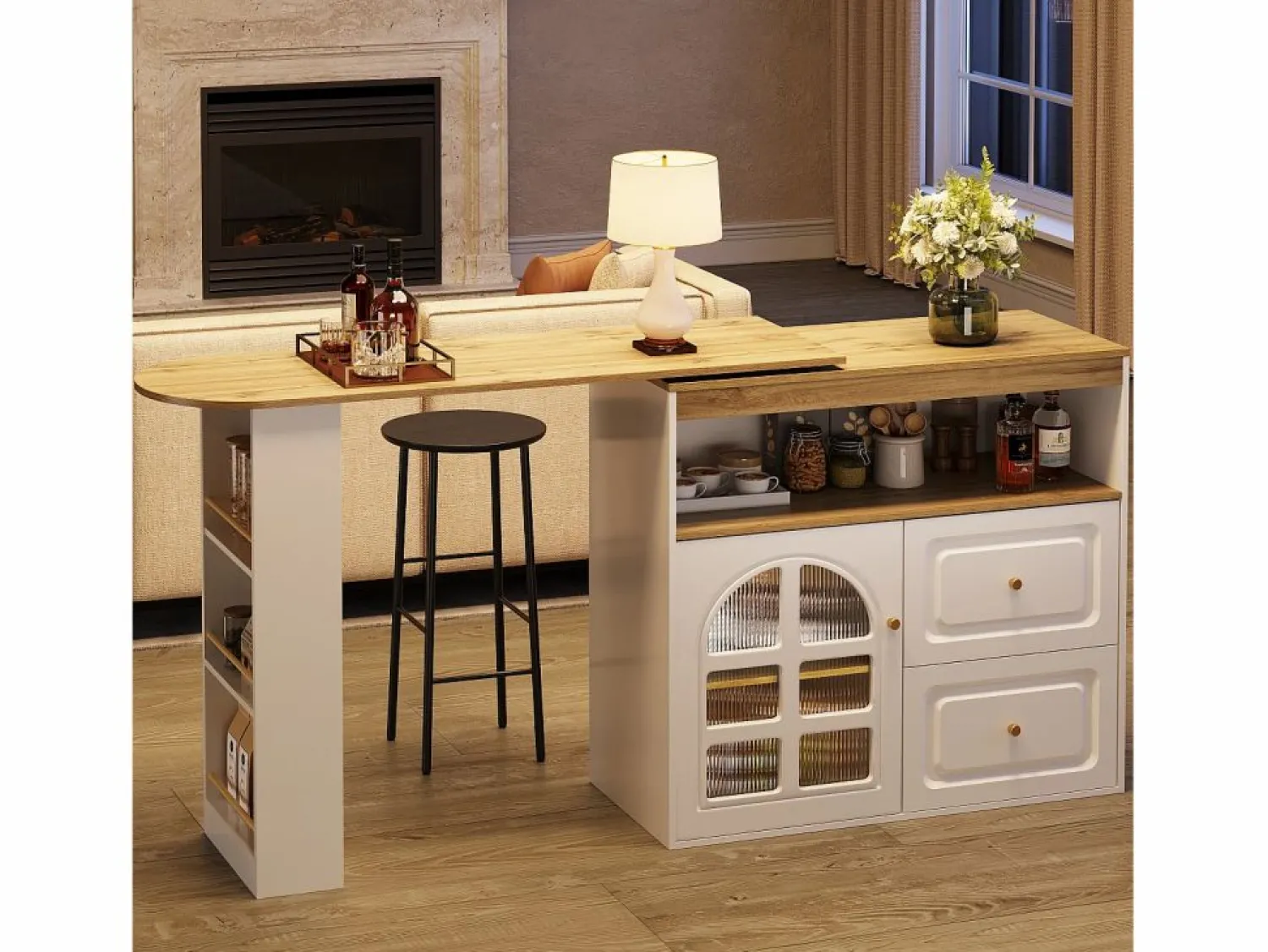 Discount Mesa de bar giratoria de madera con 1 puerta de cristal y 2 cajones, aparador con almacenaje (138-204) x 39 x 104 cm - Mueble Bar