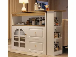 Discount Mesa de bar giratoria de madera con 1 puerta de cristal y 2 cajones, aparador con almacenaje (138-204) x 39 x 104 cm - Mueble Bar