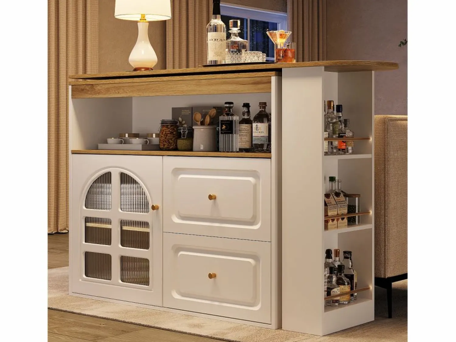 Discount Mesa de bar giratoria de madera con 1 puerta de cristal y 2 cajones, aparador con almacenaje (138-204) x 39 x 104 cm - Mueble Bar