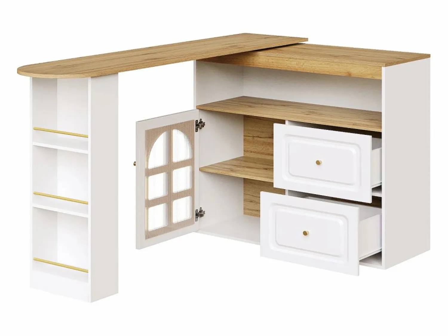Discount Mesa de bar giratoria de madera con 1 puerta de cristal y 2 cajones, aparador con almacenaje (138-204) x 39 x 104 cm - Mueble Bar