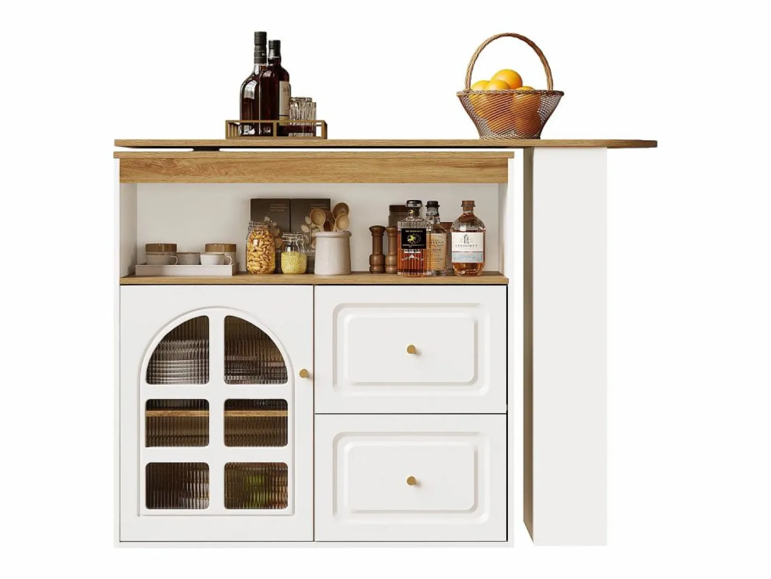 Discount Mesa de bar giratoria de madera con 1 puerta de cristal y 2 cajones, aparador con almacenaje (138-204) x 39 x 104 cm - Mueble Bar