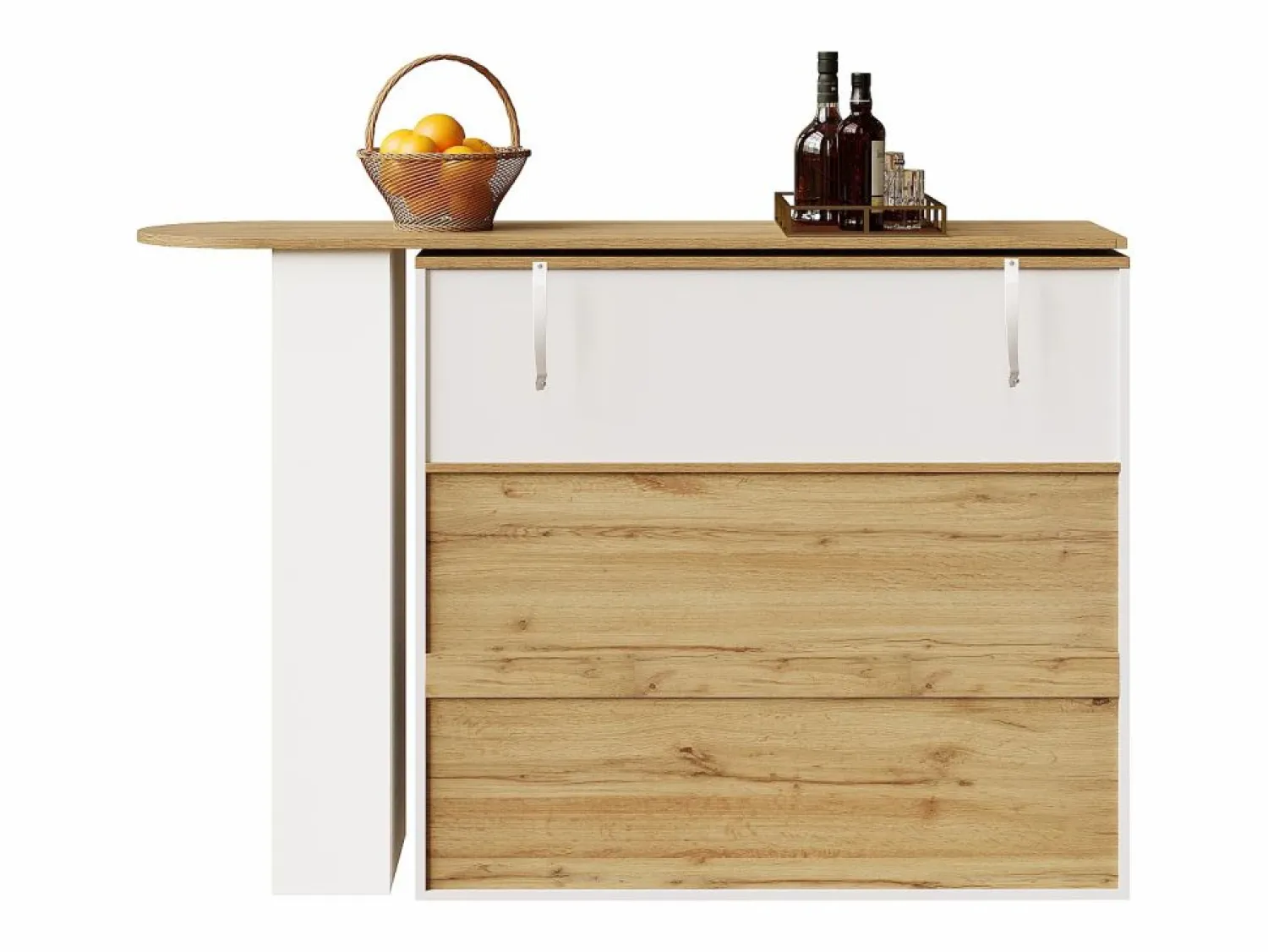 Discount Mesa de bar giratoria de madera con 1 puerta de cristal y 2 cajones, aparador con almacenaje (138-204) x 39 x 104 cm - Mueble Bar