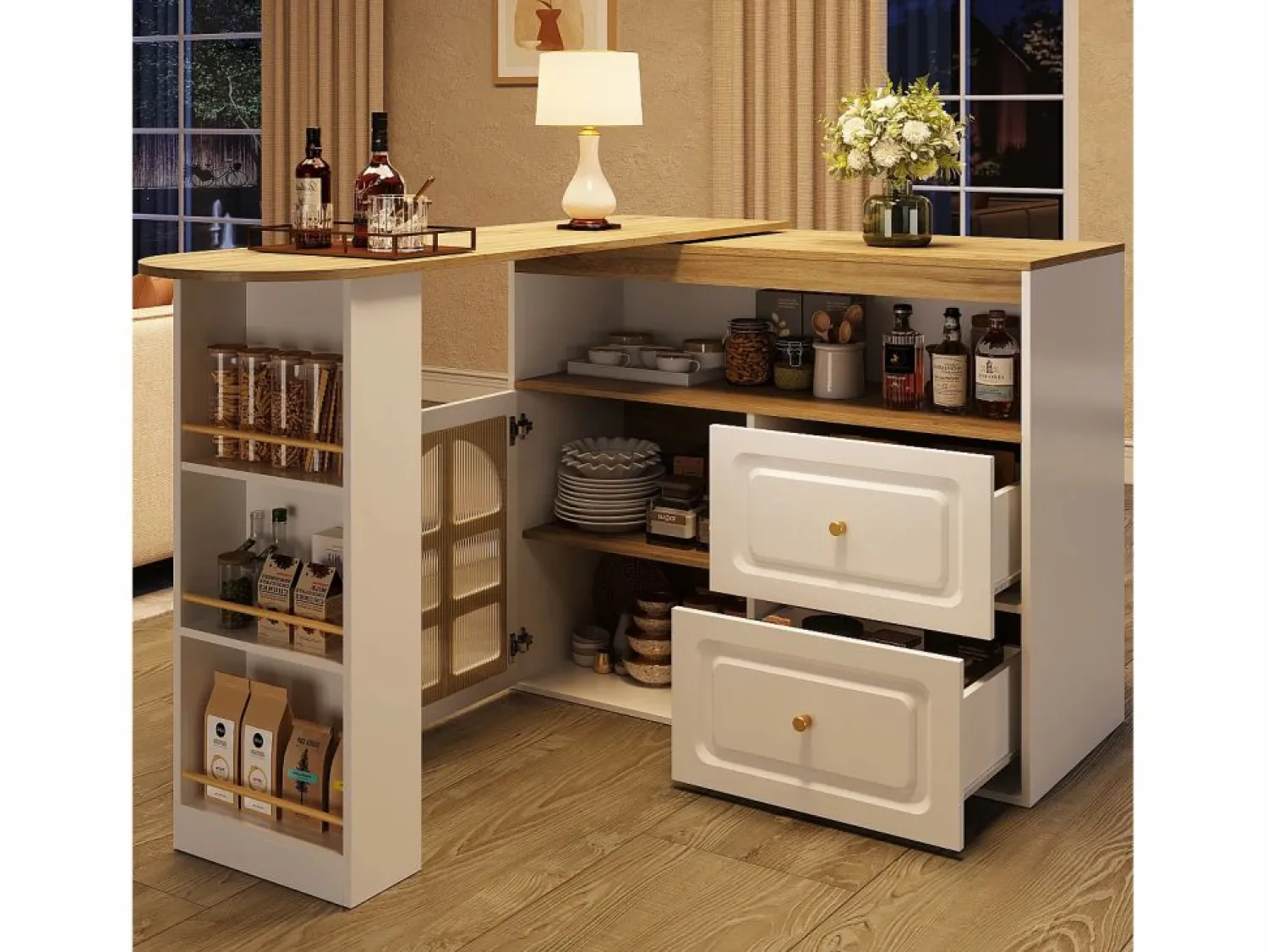 Discount Mesa de bar giratoria de madera con 1 puerta de cristal y 2 cajones, aparador con almacenaje (138-204) x 39 x 104 cm - Mueble Bar
