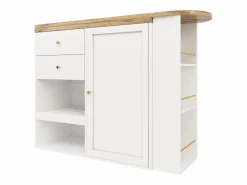 Clearance Mesa de bar giratoria de madera con 1 puerta y 2 cajones Isla de cocina con almacenaje 138x39x102 cm - Blanco