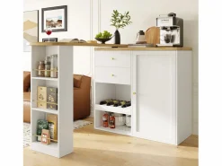 Clearance Mesa de bar giratoria de madera con 1 puerta y 2 cajones Isla de cocina con almacenaje 138x39x102 cm - Blanco