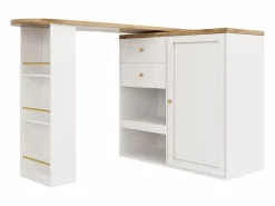 Clearance Mesa de bar giratoria de madera con 1 puerta y 2 cajones Isla de cocina con almacenaje 138x39x102 cm - Blanco