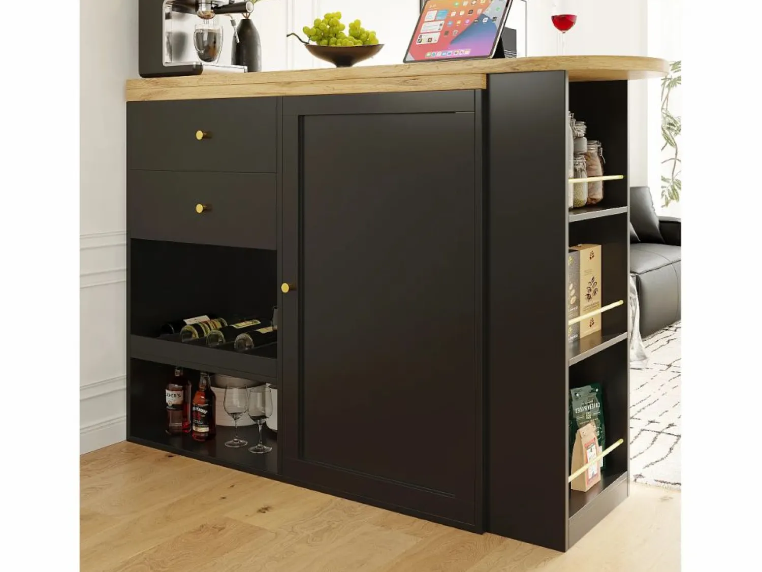 Mesa de bar giratoria de madera con 1 puerta y 2 cajones, isla de cocina con almacenaje, 138 x 39 x 102 cm, color