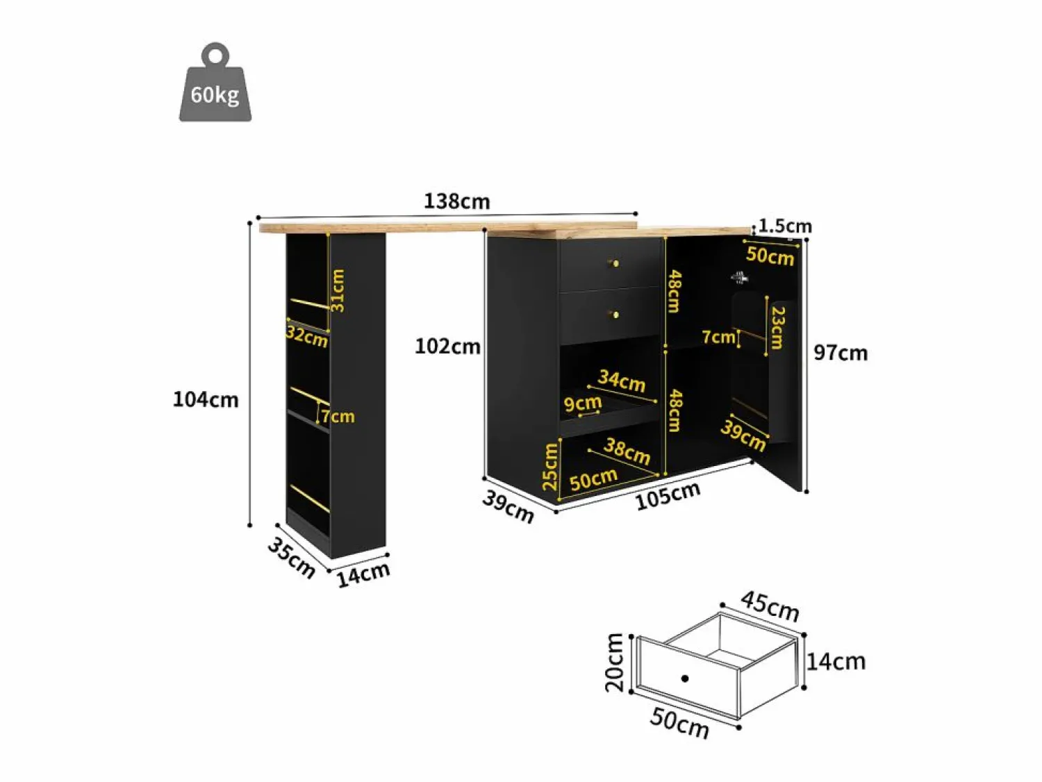 Mesa de bar giratoria de madera con 1 puerta y 2 cajones, isla de cocina con almacenaje, 138 x 39 x 102 cm, color