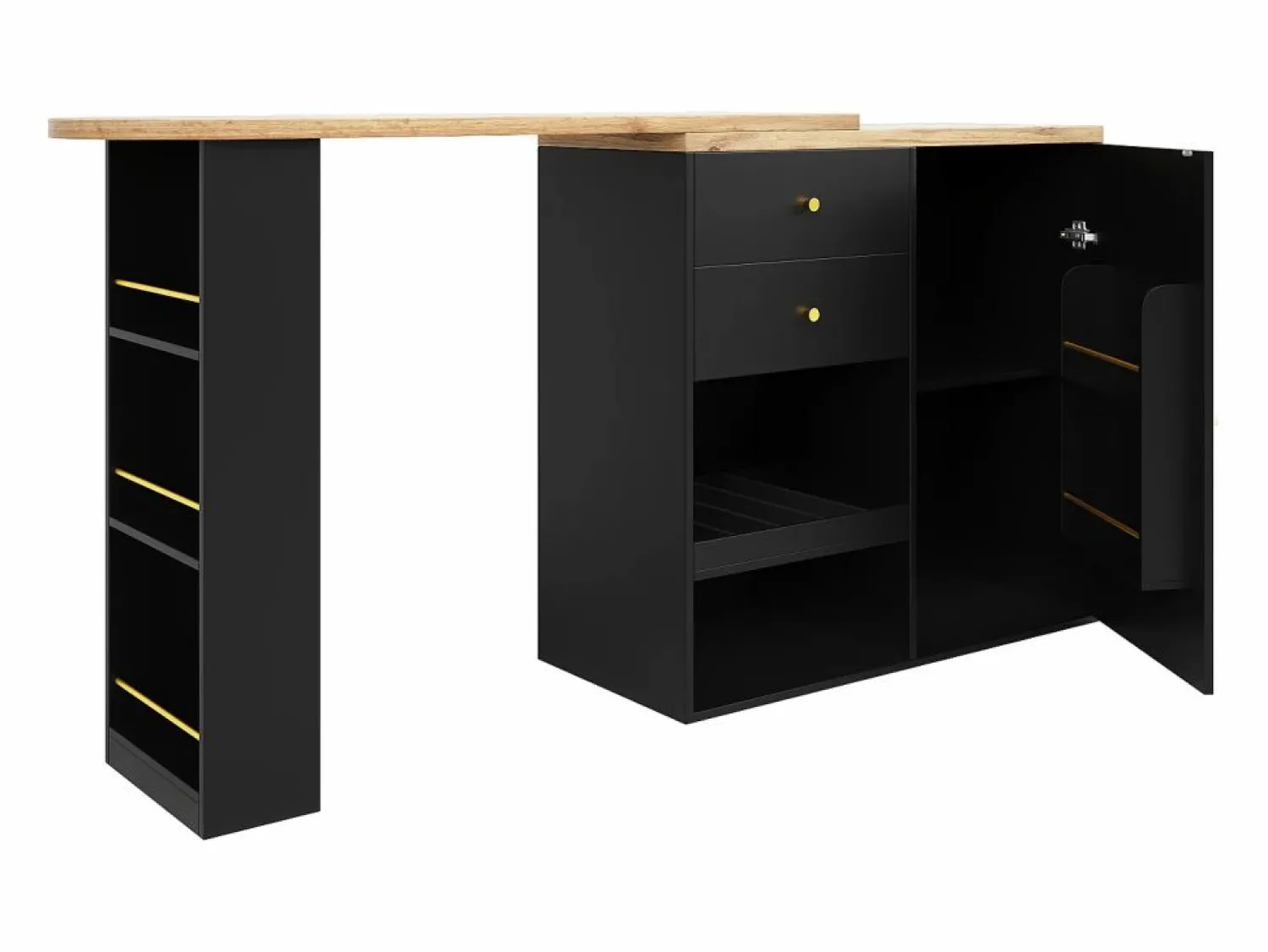 Mesa de bar giratoria de madera con 1 puerta y 2 cajones, isla de cocina con almacenaje, 138 x 39 x 102 cm, color