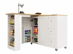 Best Mesa de bar giratoria móvil 2 puertas y 3 cajones Isla de cocina con tablero extensible (135-203)x39x106 cm - Blanco