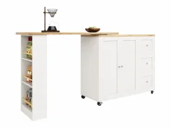 Best Mesa de bar giratoria móvil 2 puertas y 3 cajones Isla de cocina con tablero extensible (135-203)x39x106 cm - Blanco