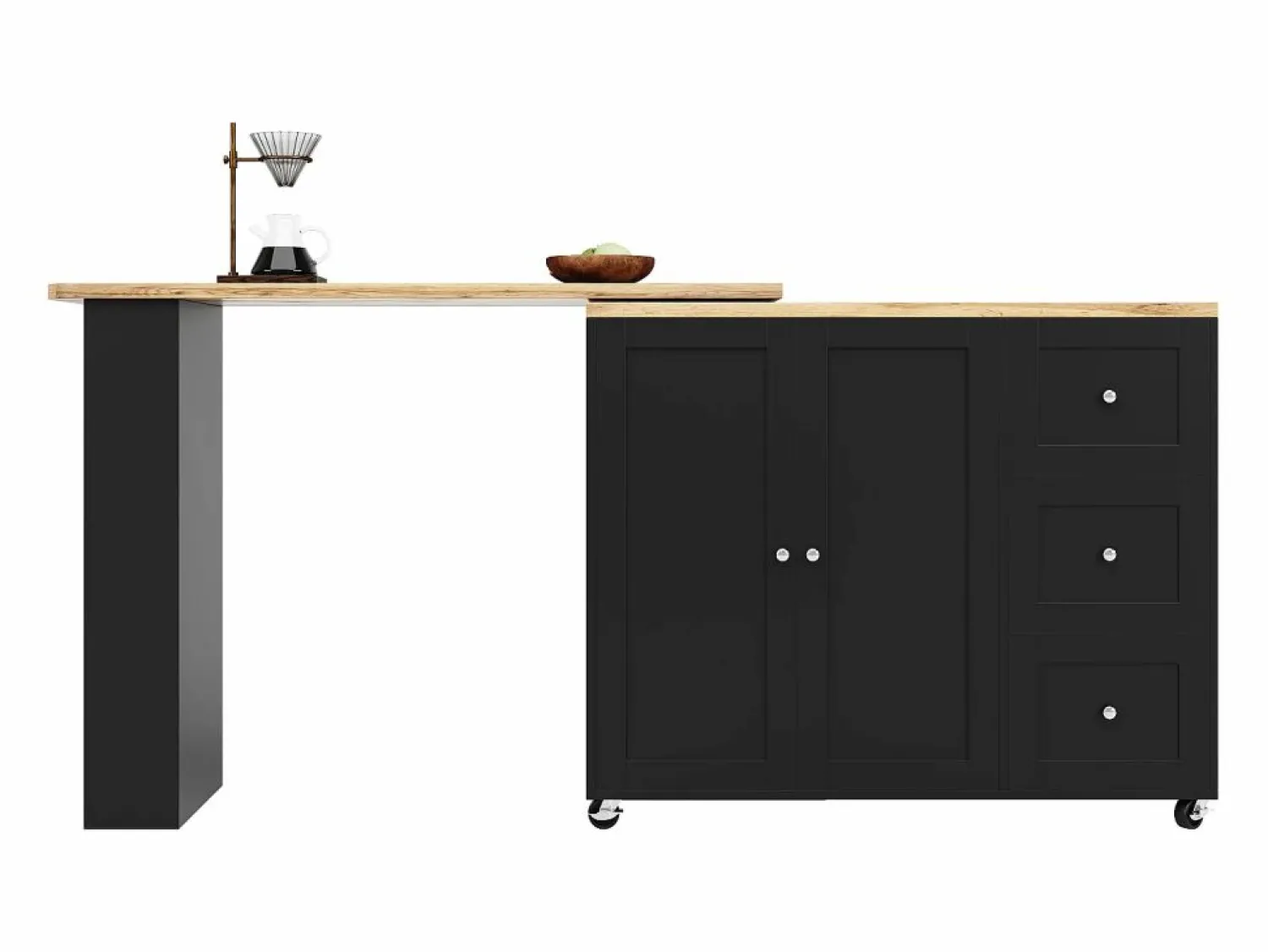 New Mesa de bar giratoria móvil 2 puertas y 3 cajones Isla de cocina con tablero extensible (135-203)x39x106 cm - Negro