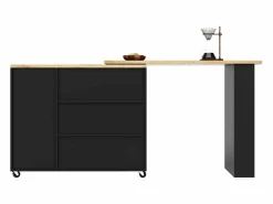 New Mesa de bar giratoria móvil 2 puertas y 3 cajones Isla de cocina con tablero extensible (135-203)x39x106 cm - Negro