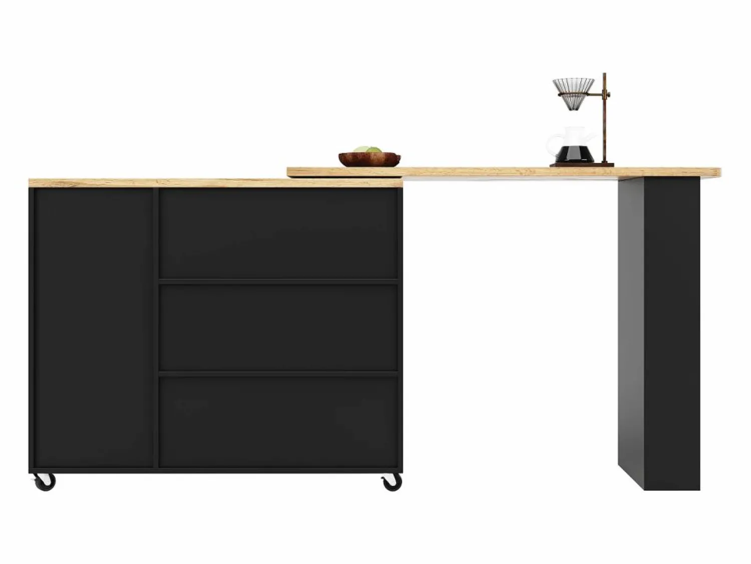 New Mesa de bar giratoria móvil 2 puertas y 3 cajones Isla de cocina con tablero extensible (135-203)x39x106 cm - Negro