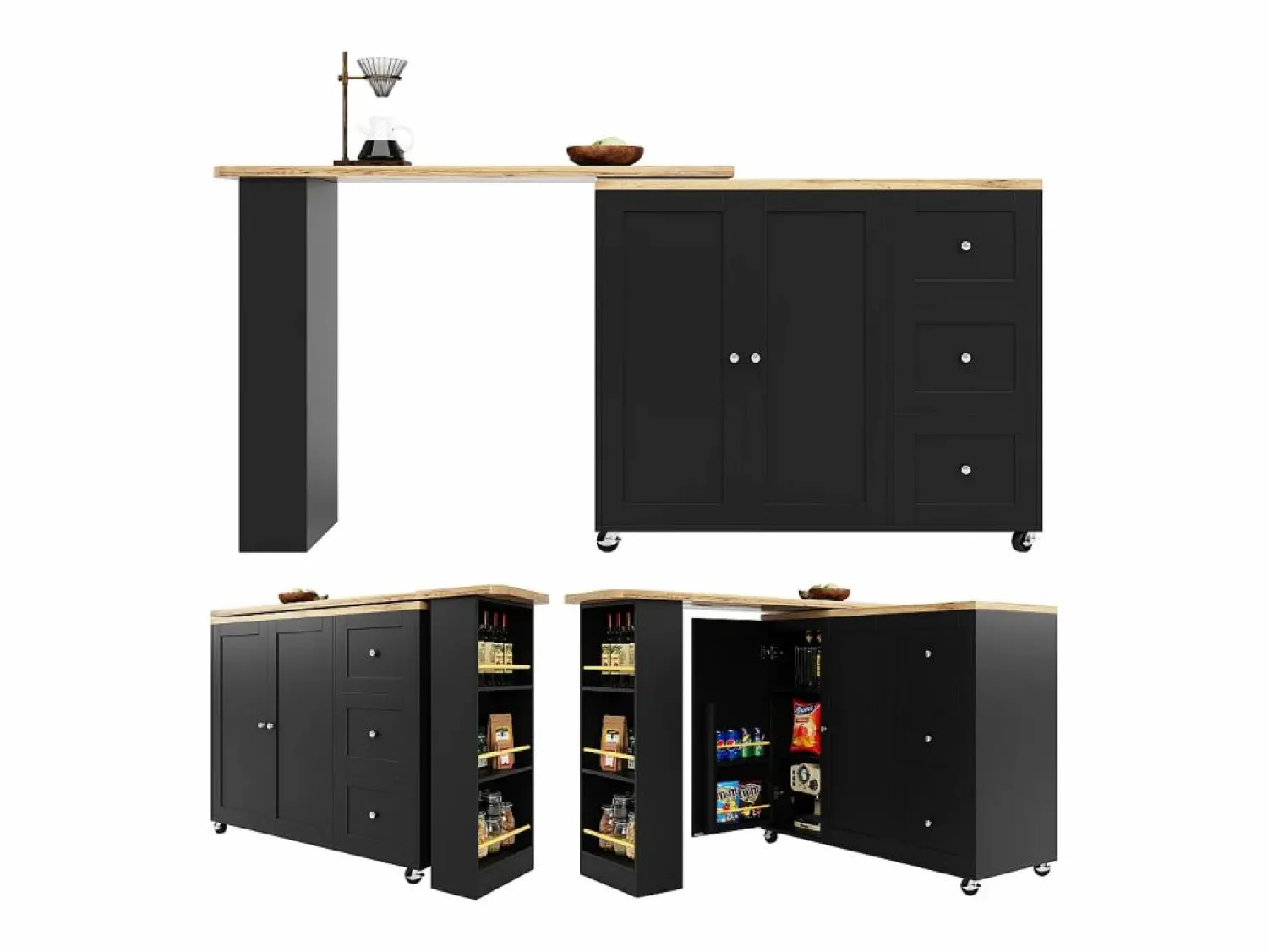 New Mesa de bar giratoria móvil 2 puertas y 3 cajones Isla de cocina con tablero extensible (135-203)x39x106 cm - Negro