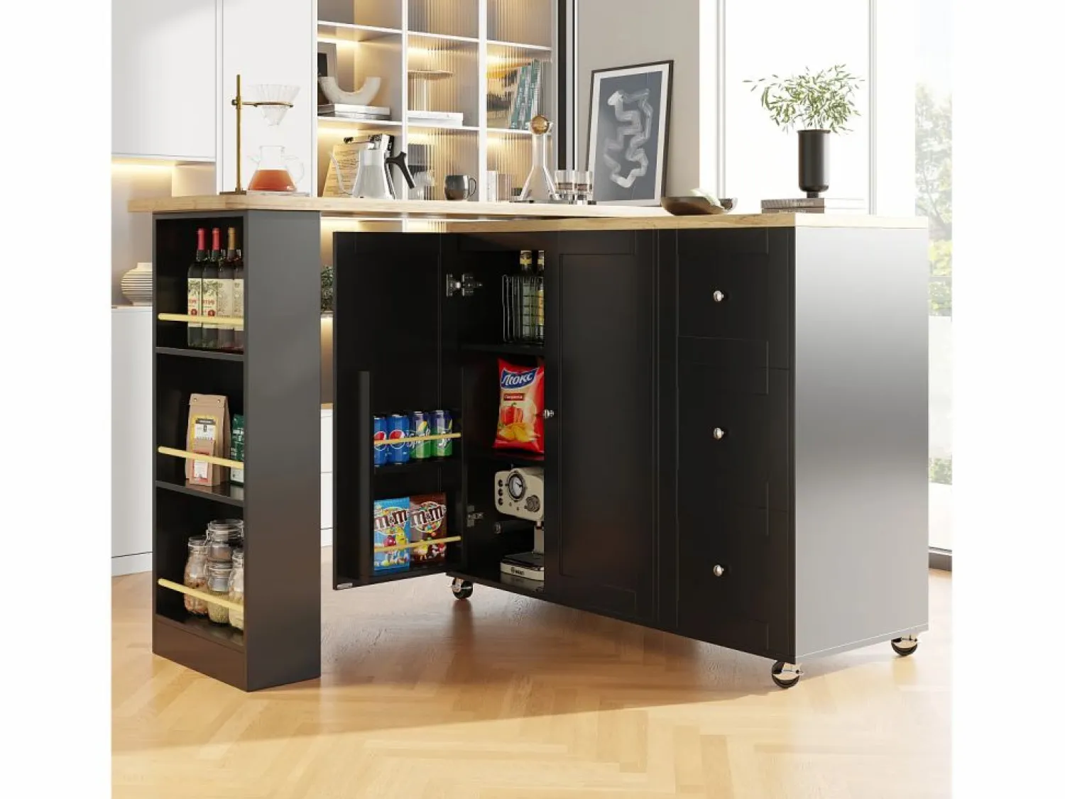 New Mesa de bar giratoria móvil 2 puertas y 3 cajones Isla de cocina con tablero extensible (135-203)x39x106 cm - Negro