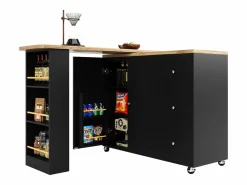 New Mesa de bar giratoria móvil 2 puertas y 3 cajones Isla de cocina con tablero extensible (135-203)x39x106 cm - Negro