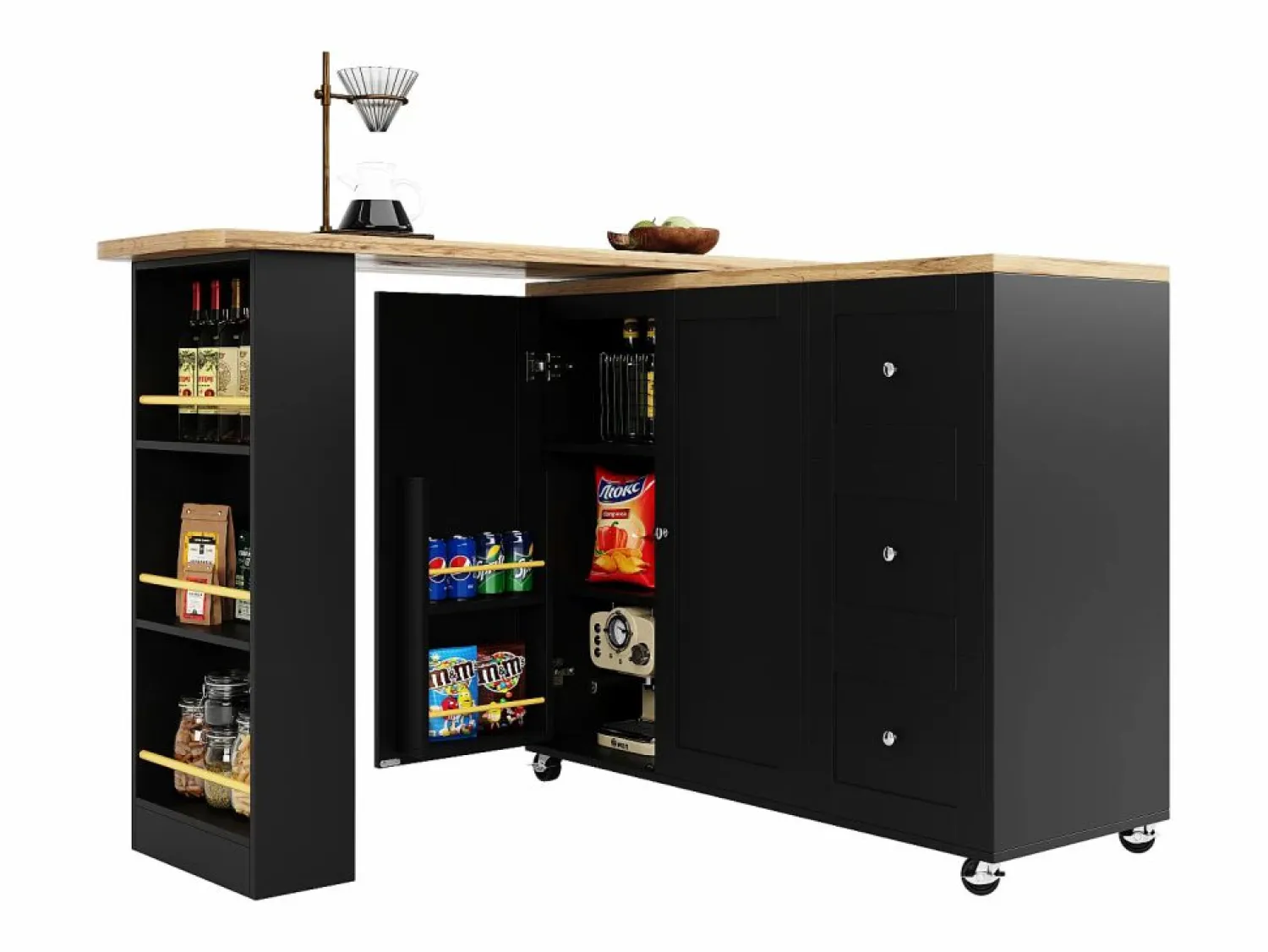 New Mesa de bar giratoria móvil 2 puertas y 3 cajones Isla de cocina con tablero extensible (135-203)x39x106 cm - Negro