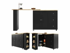 New Mesa de bar giratoria móvil 2 puertas y 3 cajones Isla de cocina con tablero extensible (135-203)x39x106 cm - Negro