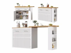 Merax Mesa de bar móvil extensible - 137-215 x 39 x 102,3 cm - con 1 cajón + 2 puertas - MDF - Blanco