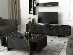 Clearance Mesa de centro - 1 puerta y 2 estantes - Efecto mármol negro y dorado - CADEBA Mesa De Centro