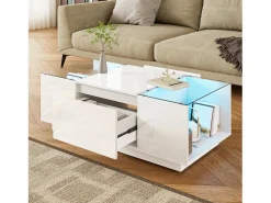 New Mesa de centro blanca - Mesa de centro con iluminación LED y 2 cajones - tapa de cristal Mesa De Centro