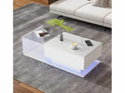 Outlet OKWISH Mesa de centro blanca de 100 x 50 cm con LED, cajón y tablero de cristal - para salón y oficina Blanco