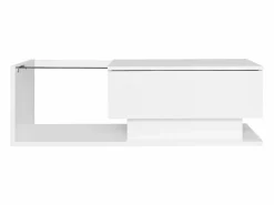 Outlet OKWISH Mesa de centro blanca de 100 x 50 cm con LED, cajón y tablero de cristal - para salón y oficina Blanco