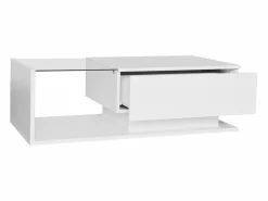 Outlet OKWISH Mesa de centro blanca de 100 x 50 cm con LED, cajón y tablero de cristal - para salón y oficina Blanco