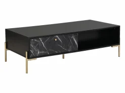 New Vente-unique Mesa de centro con 2 cajones y 2 estantes de MDF - Efecto mármol y dorado - CIEMILA Negro