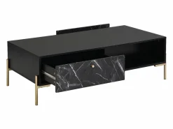 New Vente-unique Mesa de centro con 2 cajones y 2 estantes de MDF - Efecto mármol y dorado - CIEMILA Negro