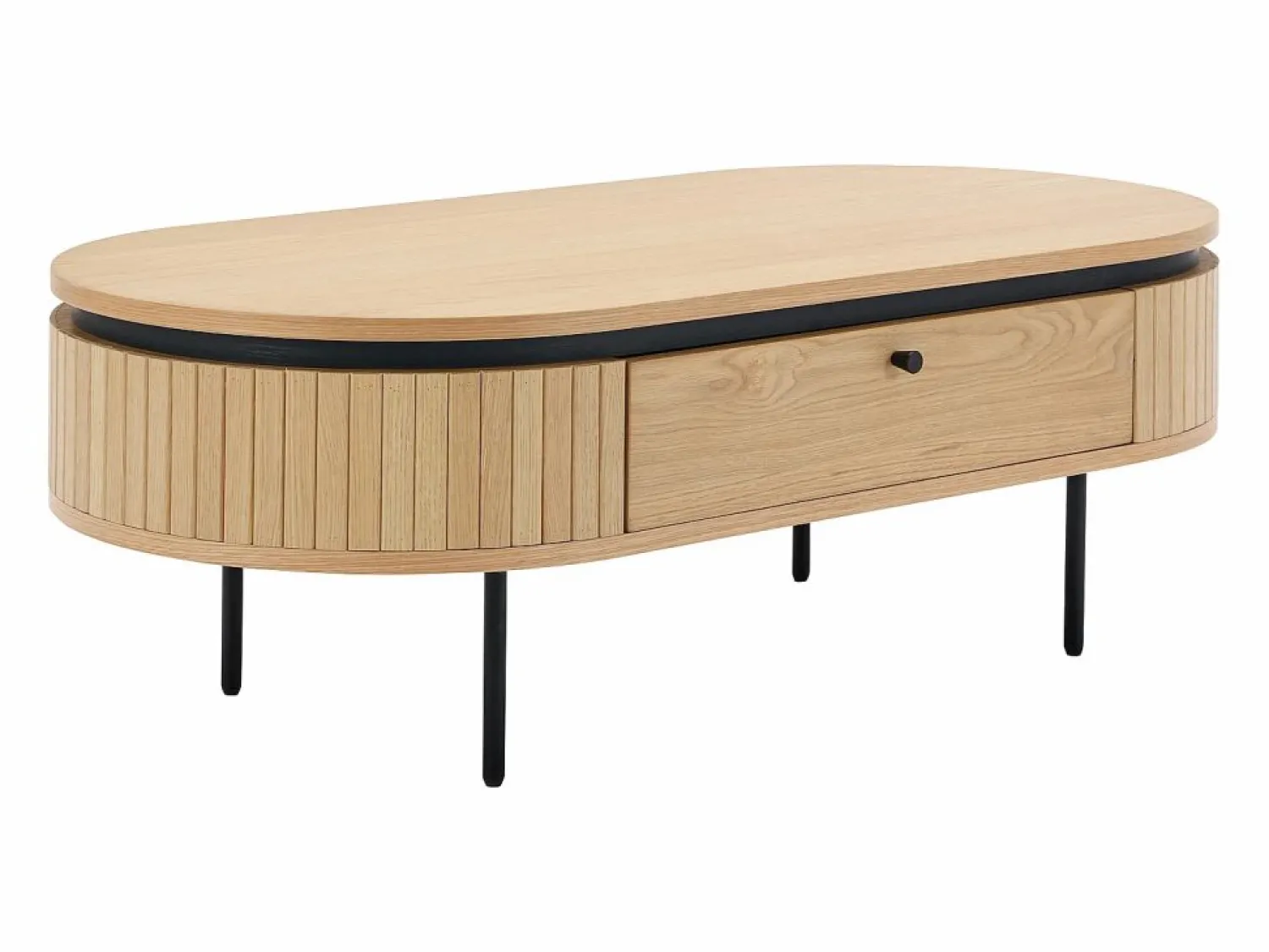 New Mesa de centro con 2 cajones chapado en roble y metal - Natural claro y Negro - CARDIONA Mesa De Centro