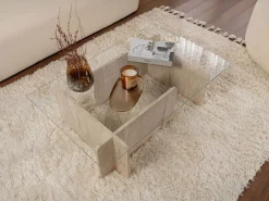 Mesa de centro de cristal templado - Efecto travertino beige y transparente - AZRA Mesa De Centro
