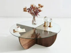 Online Vente-unique Mesa de centro de vidrio templado AYSUN - Natural oscuro y transparente Transparente / Color natural oscuro