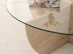 Vente-unique Mesa de centro de vidrio templado - Efecto travertino y transparente - AYSUN Transparente / Beige