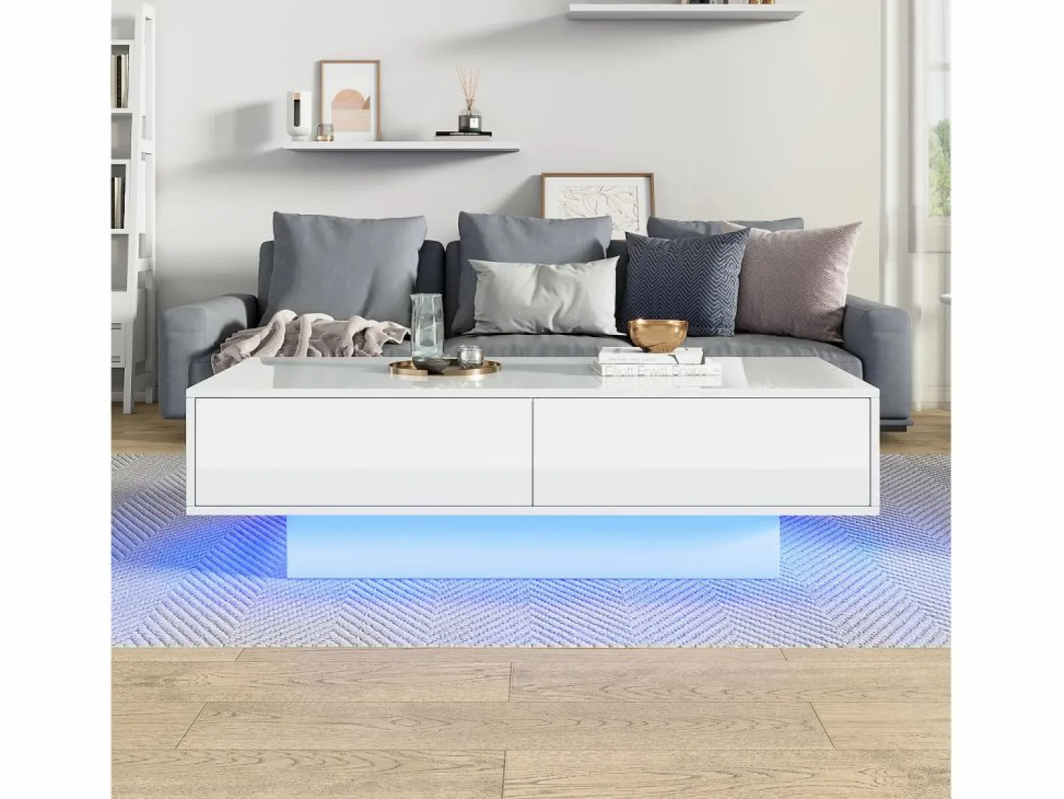 Hot Mesa de centro moderna brillante con 2 cajones - 115 x 55 x 34 cm - LED - Tablero de partículas - Mesa De Centro