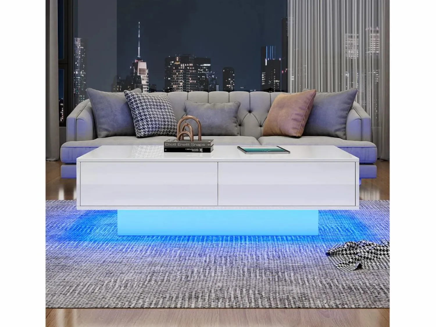 Hot Mesa de centro moderna brillante con 2 cajones - 115 x 55 x 34 cm - LED - Tablero de partículas - Mesa De Centro