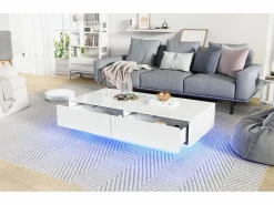 Hot Mesa de centro moderna brillante con 2 cajones - 115 x 55 x 34 cm - LED - Tablero de partículas - Mesa De Centro