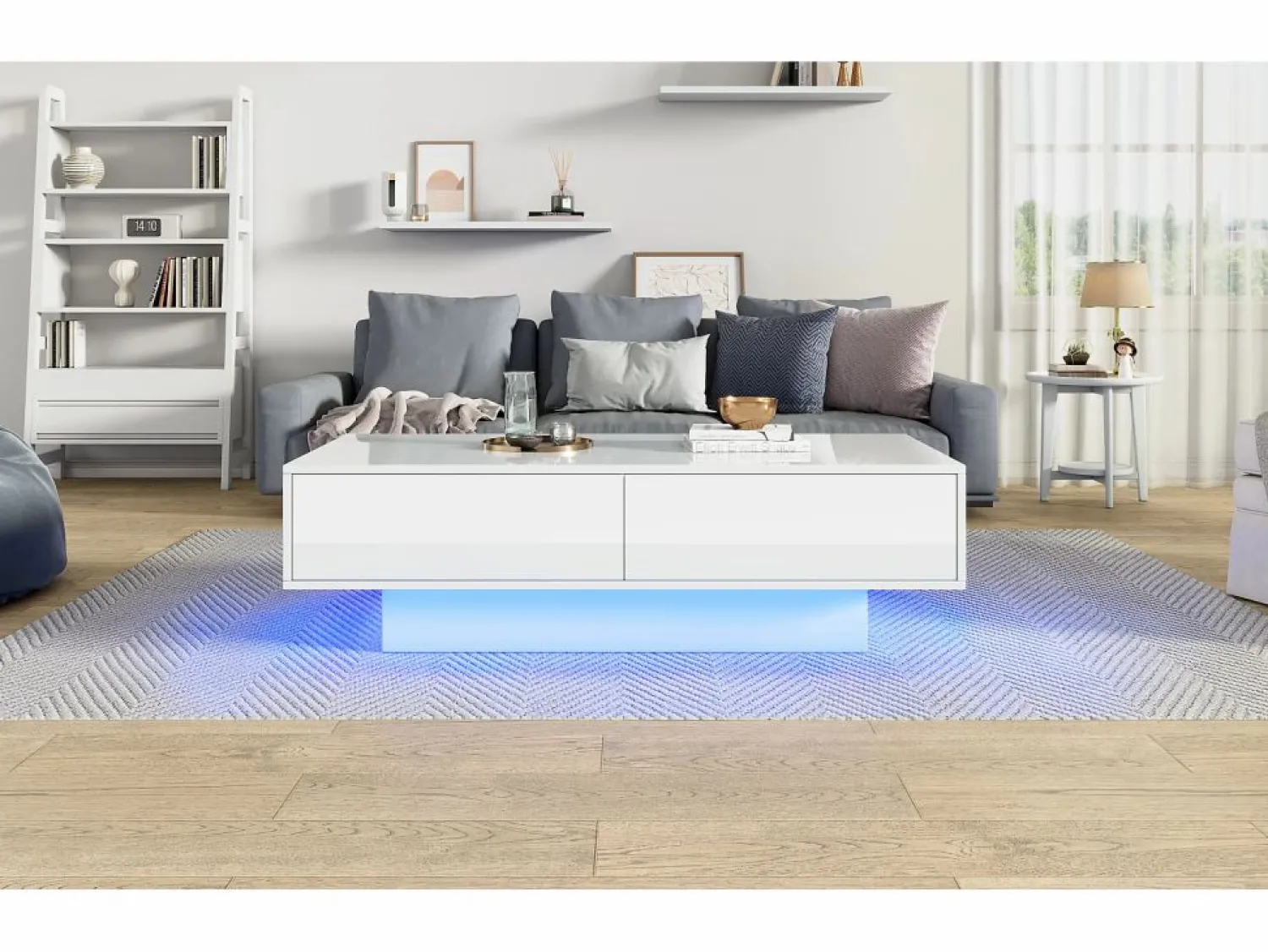 Hot Mesa de centro moderna brillante con 2 cajones - 115 x 55 x 34 cm - LED - Tablero de partículas - Mesa De Centro