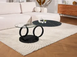 Best Mesa de centro modular de vidrio templado, cerámica y metal - Efecto mármol negro - JOLINE Mesa De Centro