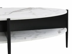 Outlet Vente-unique Mesa de centro ovalada con 4 estantes de MDF y metal - Efecto mármol blanco y negro - EVARO Negro / Blanco