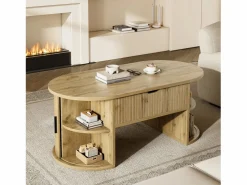Best ModernLuxe Mesa de centro ovalada elevable 100x50x40,5 cm - Estantes abiertos y almacenamiento oculto - 2 puertas correderas - MDF - Natural Color natural claro