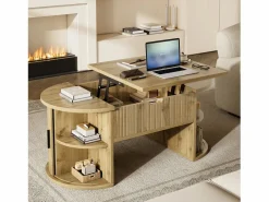 Best ModernLuxe Mesa de centro ovalada elevable 100x50x40,5 cm - Estantes abiertos y almacenamiento oculto - 2 puertas correderas - MDF - Natural Color natural claro